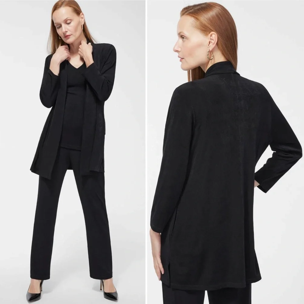 Chico’s Travelers Classic Long Knit Jacket Open Front Pockets Bracelet Sleeves